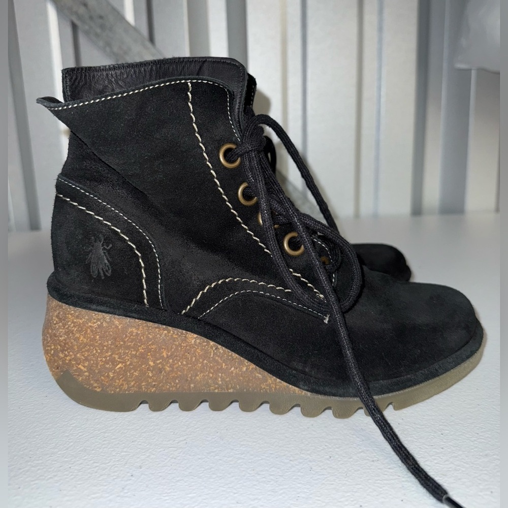Fly London Nero black suede leather wedge booties 6.5 US